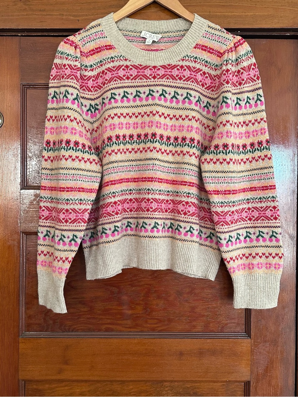 J. Crew Puff-Sleeve Cherry Fair Isle Crewneck Sweater Size Medium Festive Retro